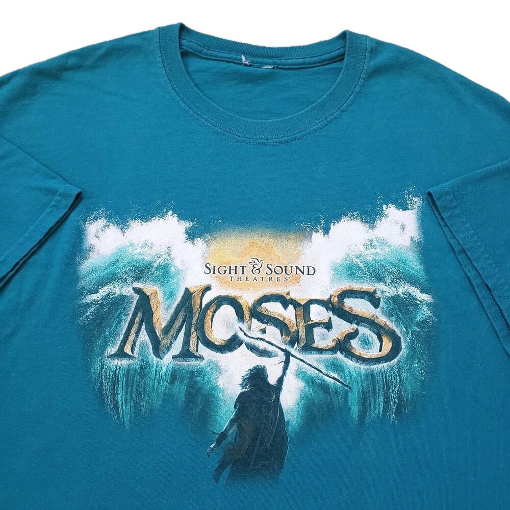 Vintage Y2K Sight & Sound Moses Sz Large Mens Aqua T-Shirt Bible Theater Parting